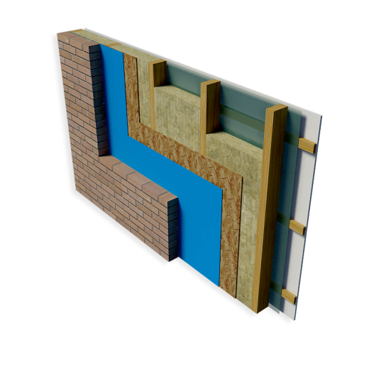 TFrame Cavity Wall, service void, brick finish, insulation between posts, breather membrane 0.54, no polyethylene foil, Vapour Control Layer 0.68 - illustration